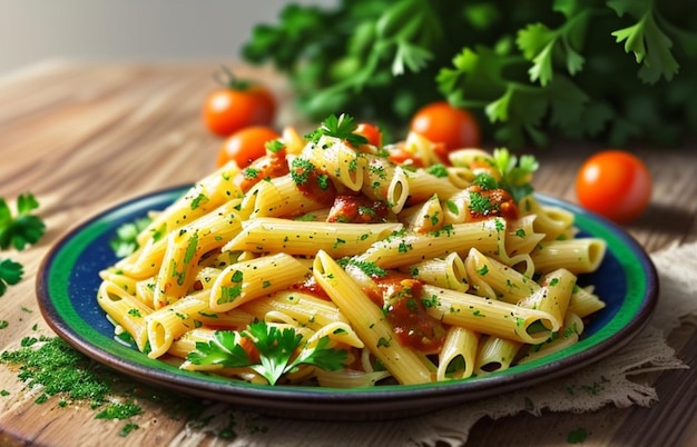 un piatto di pasta con pomodorini e prezzemolo