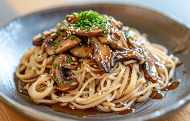 un piatto di pasta con purè di funghi