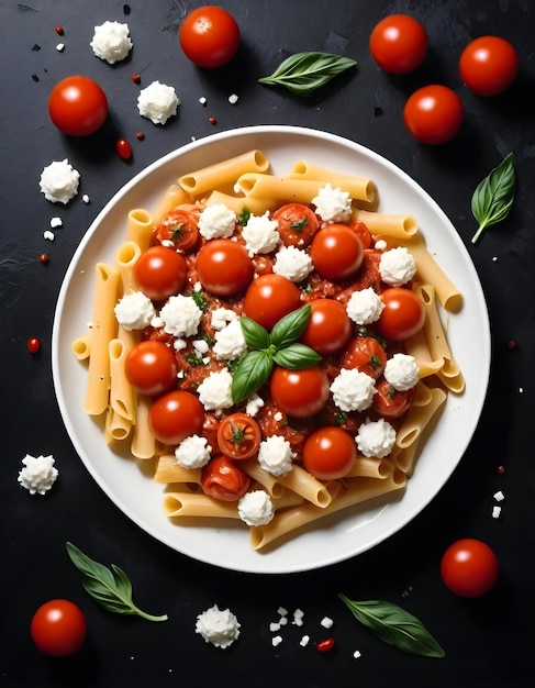 Un piatto di pasta con salsa di pomodoro, pomodori di ciliegio, erbe e formaggio sbriciolato