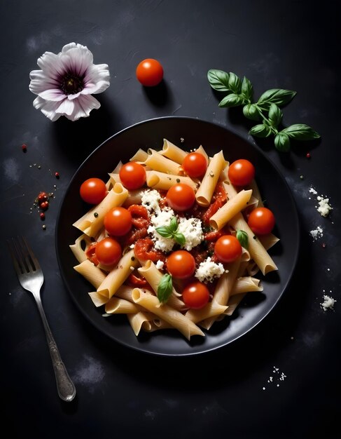 Un piatto di pasta con salsa di pomodoro, pomodori di ciliegio, erbe e formaggio sbriciolato