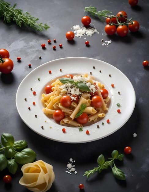 Un piatto di pasta con salsa di pomodoro, pomodori di ciliegio, erbe e formaggio sbriciolato