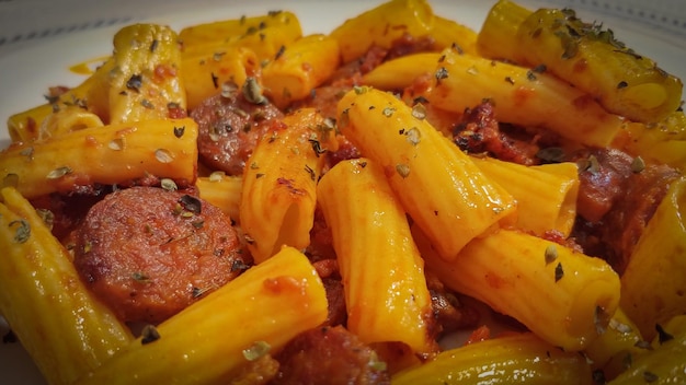 Un piatto di pasta con salsiccia e peperoni