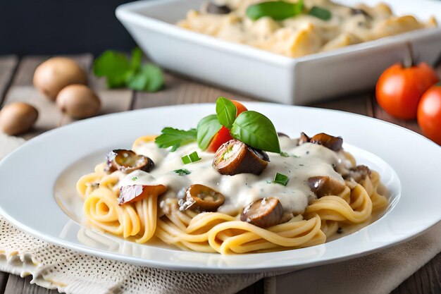 Un piatto di pasta con sopra salsiccia e funghi