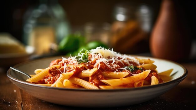 Un piatto di pasta con sugo e formaggio