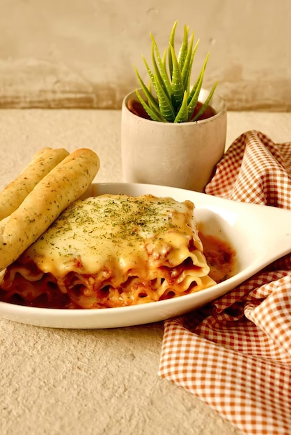 Un piatto di pasta con un rotolo e una pianta a lato