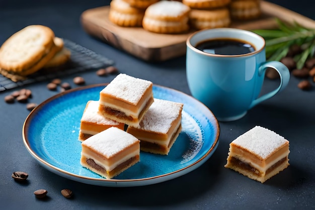 un piatto di pasticcini con sopra una tazza di caffè