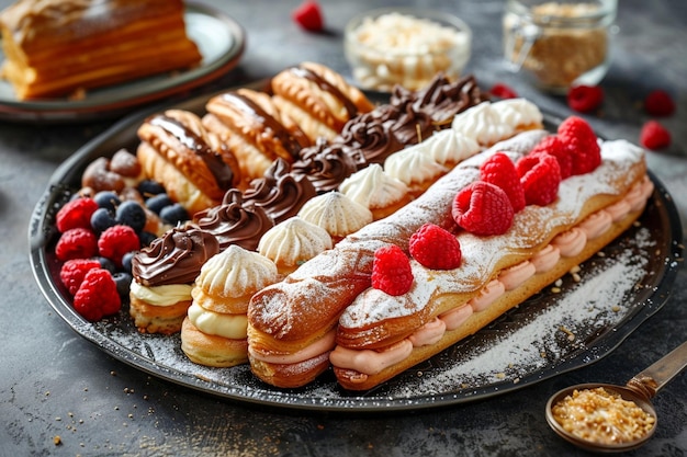 Un piatto di pasticcini francesi decadenti come eclairs generative ai