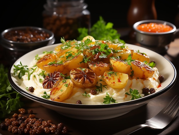 Un piatto di patate al forno leggermente dorate e guarnite con rosmarino fresco