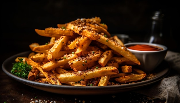 Un piatto di patatine fritte con sopra del ketchup