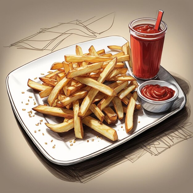 Un piatto di patatine fritte dorate e croccanti servite con una generosa goccia di ketchup