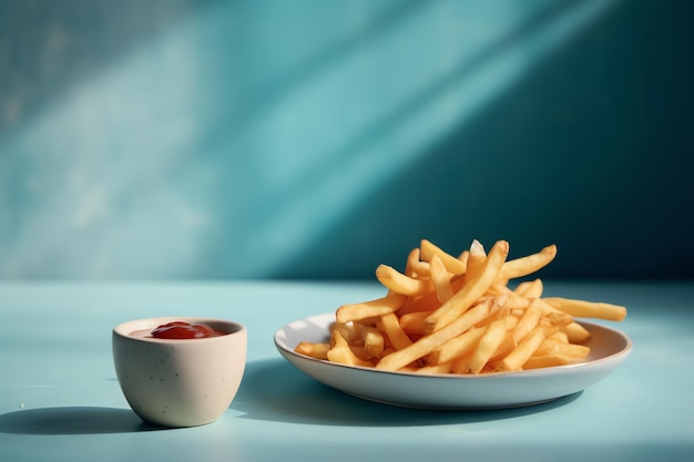 Un piatto di patatine fritte e una ciotola di ketchup su un tavolo blu.