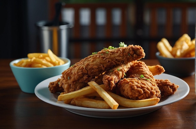 Un piatto di patatine fritte servito con un lato di pollo fritto