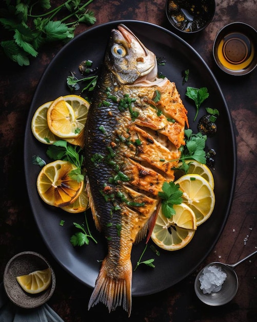 Un piatto di pesce con sopra limoni ed erbe aromatiche