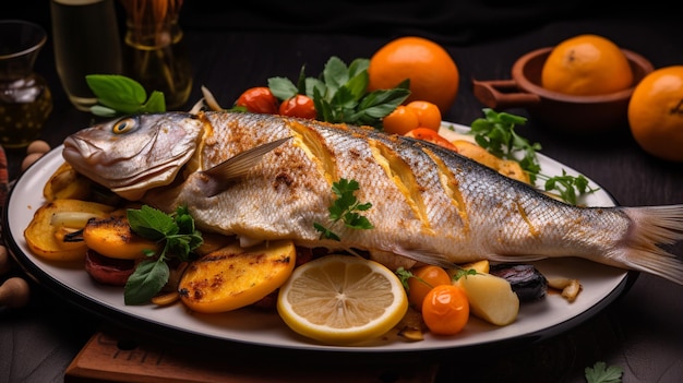 Un piatto di pesce con verdure e limoni su sfondo nero