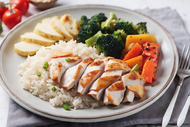 Un piatto di petto di pollo con riso