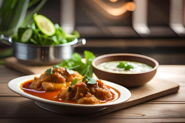 Un piatto di pollo al curry con una ciotola di curry verde.