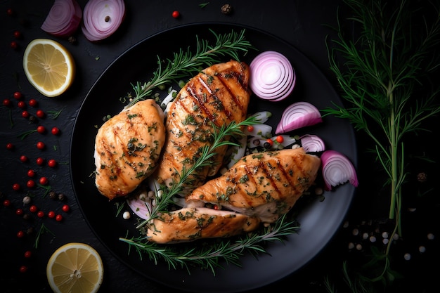 Un piatto di pollo alla griglia con erbe e limoni su sfondo nero