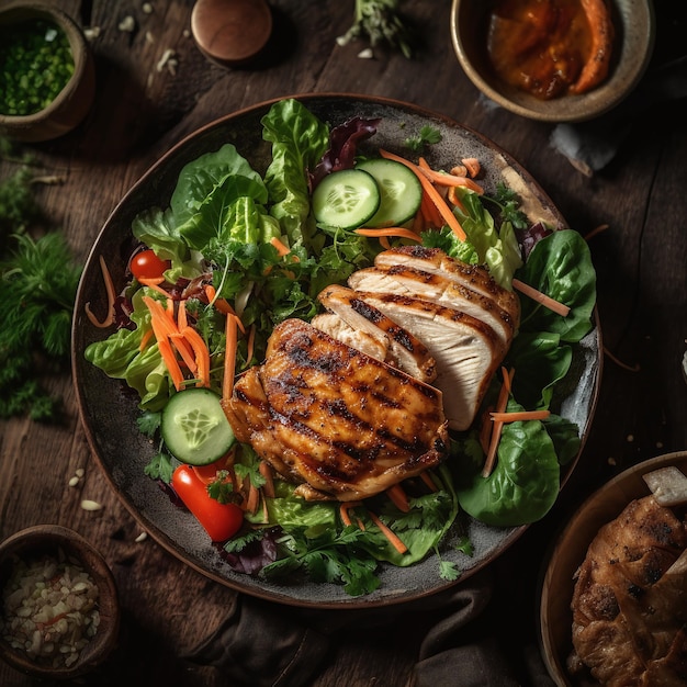 Un piatto di pollo alla griglia con insalata e cetrioli.