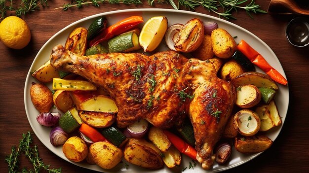 Un piatto di pollo arrosto con sopra delle verdure