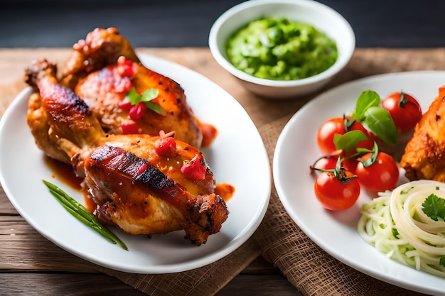 Un piatto di pollo con contorno di insalata verde e un piatto di cibo