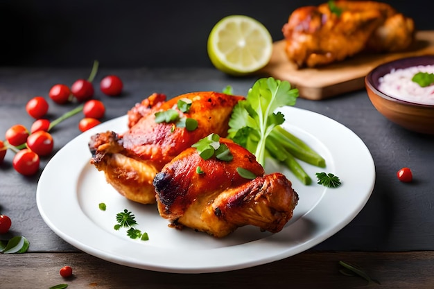 Un piatto di pollo con verdure verdi su un tavolo di legno.