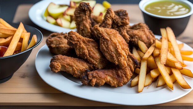 Un piatto di pollo fritto con patatine fritte e una tazza di salsa