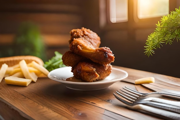 Un piatto di pollo fritto con pinze e forchetta e coltello su un tavolo.
