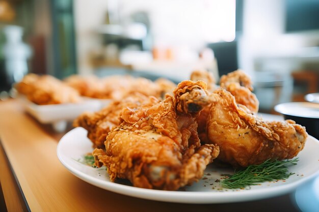 Un piatto di pollo fritto con una foglia verde sul lato