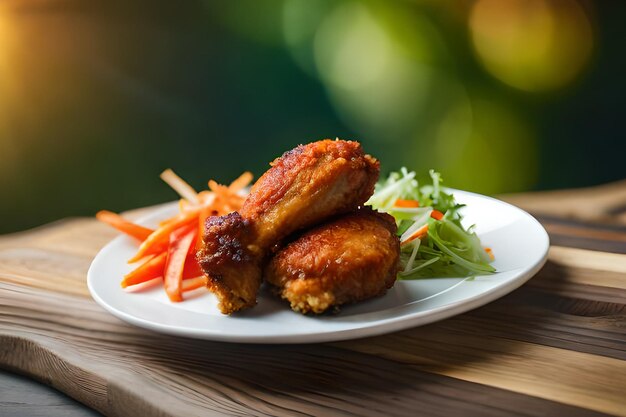 Un piatto di pollo fritto con verdure su un tavolo di legno