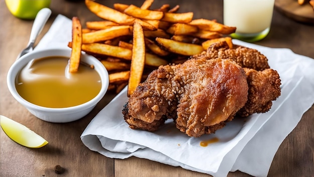 Un piatto di pollo fritto e patatine fritte con contorno di salsa