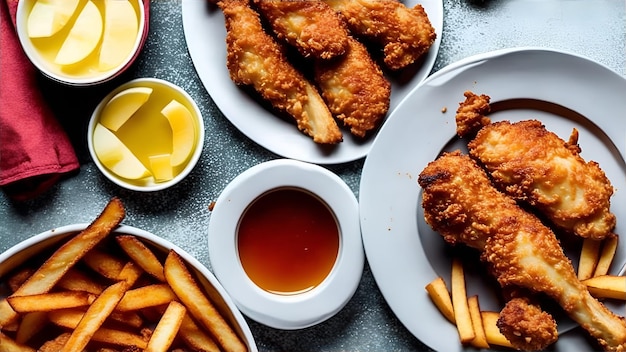 Un piatto di pollo fritto e patatine fritte con salse a parte.