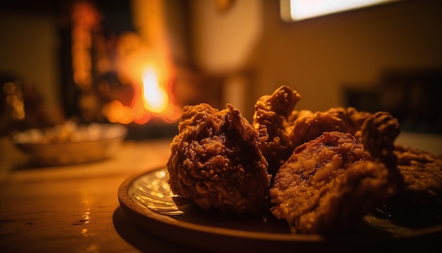 Un piatto di pollo fritto si trova su un tavolo accanto a un fuoco.