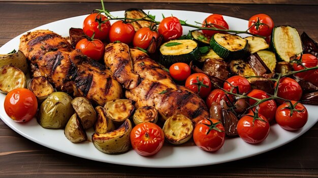Un piatto di pollo grigliato e verdure su un tavolo