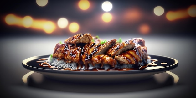 un piatto di pollo teriyaki su sfondo sfocato