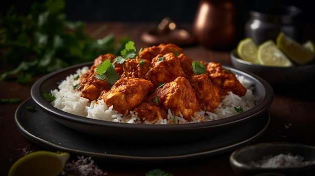 Un piatto di pollo tikka masala con riso e lime sul lato