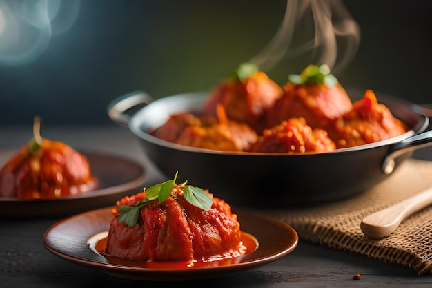 Un piatto di polpette con una ciotola di basilico sul lato