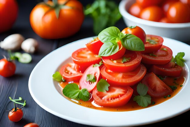 Un piatto di pomodori con foglie di basilico sul lato