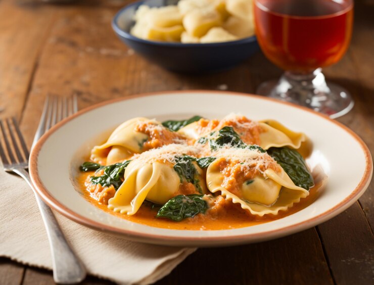 Foto un piatto di ravioli con salsa rossa e formaggio su un tavolo di legno.