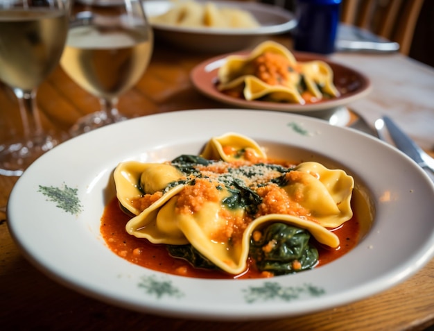 Un piatto di ravioli con spinaci sopra e un bicchiere di vino a parte.