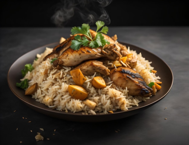 Un piatto di riso biryani di pollo su sfondo nero con ai generativo