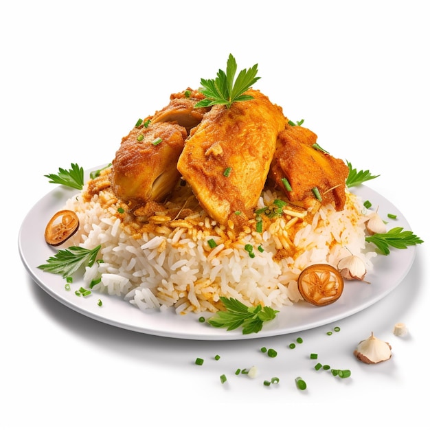 Un piatto di riso con sopra un mucchio di pollo e noci.
