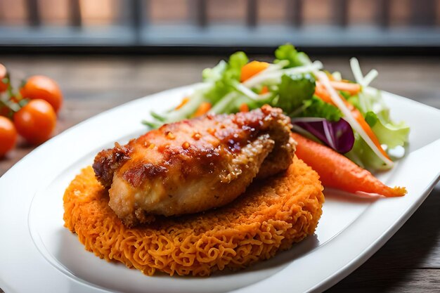 Un piatto di riso con un petto di pollo e sopra un'insalata.