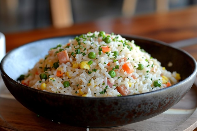 Un piatto di riso fritto con pollo e verdure