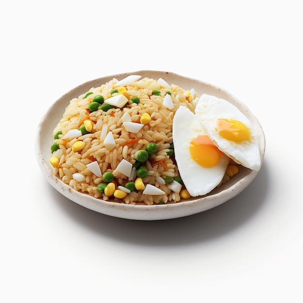 Un piatto di riso fritto con un uovo fritto e piselli.