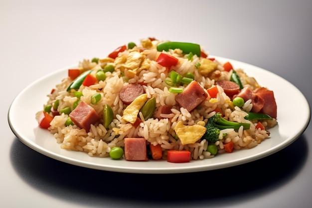 Un piatto di riso fritto con verdure e carne.