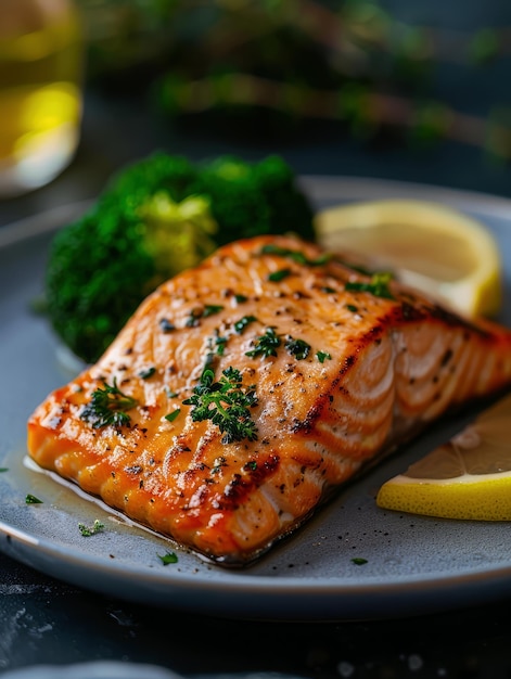 un piatto di salmone alla griglia con una fetta di salmione