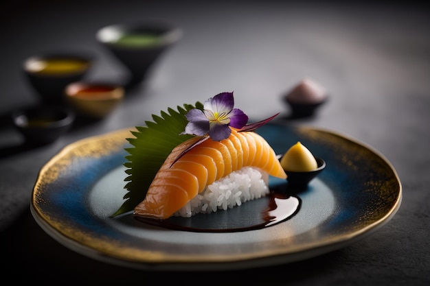 Un piatto di salmone con riso e un fiore a parte