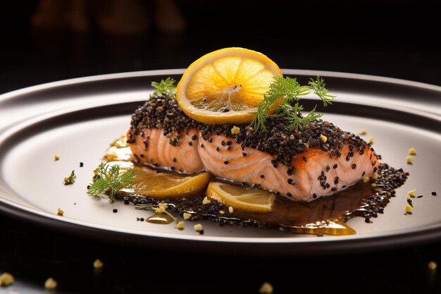 un piatto di salmone con sopra delle fette di limone