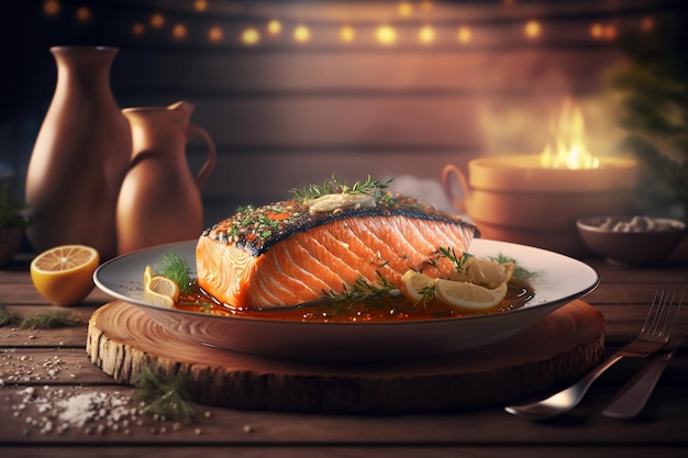 Un piatto di salmone con sopra una salsa e un fuoco sullo sfondo.