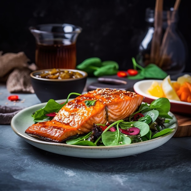 Un piatto di salmone con un'insalata di verdure e una scodella di salsa.